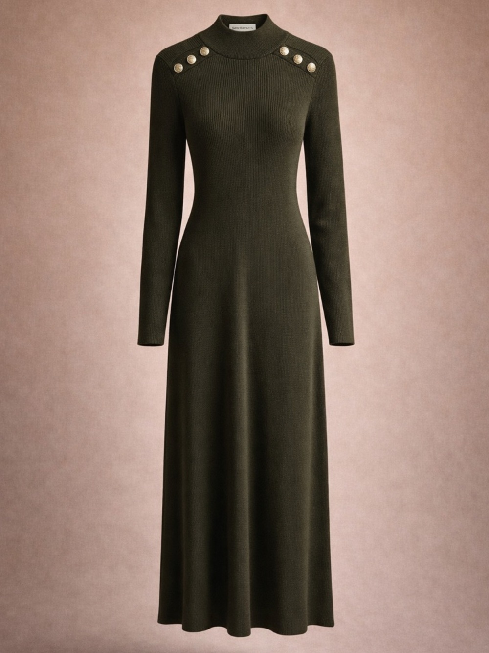 SEZANE Merino Knit Midi Dress Gold Button Mock Neck Stretch Paris Chic